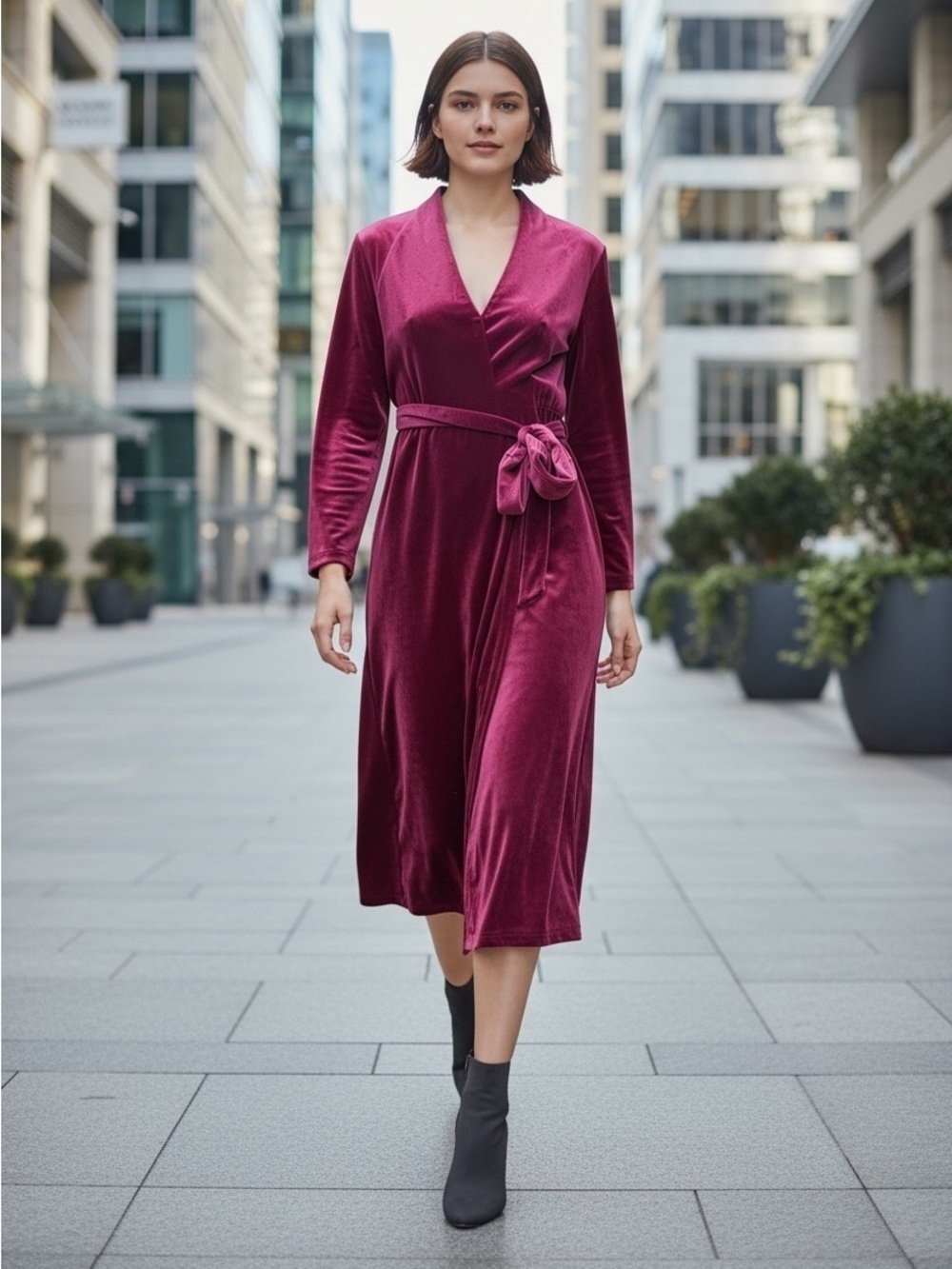 Piombo Velvet Wrap Midi Dress - Burgundy